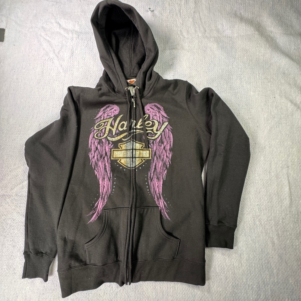 Harley-Davidson Erie PA Pink Wings Graphic Zip Up Hoodie Black XL 2012 Biker